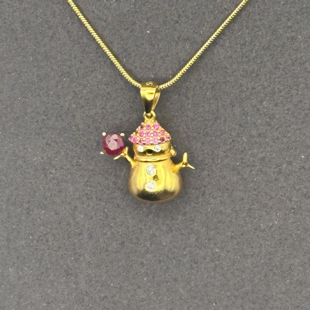 Adorable Gold and Rhodolite Snowman Pendant Necklace - Picture 4 of 11